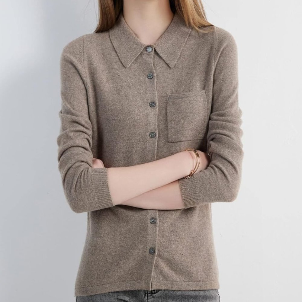 LINY XIN 100% Merino Wool long Sleeve Cardigan Polo collar